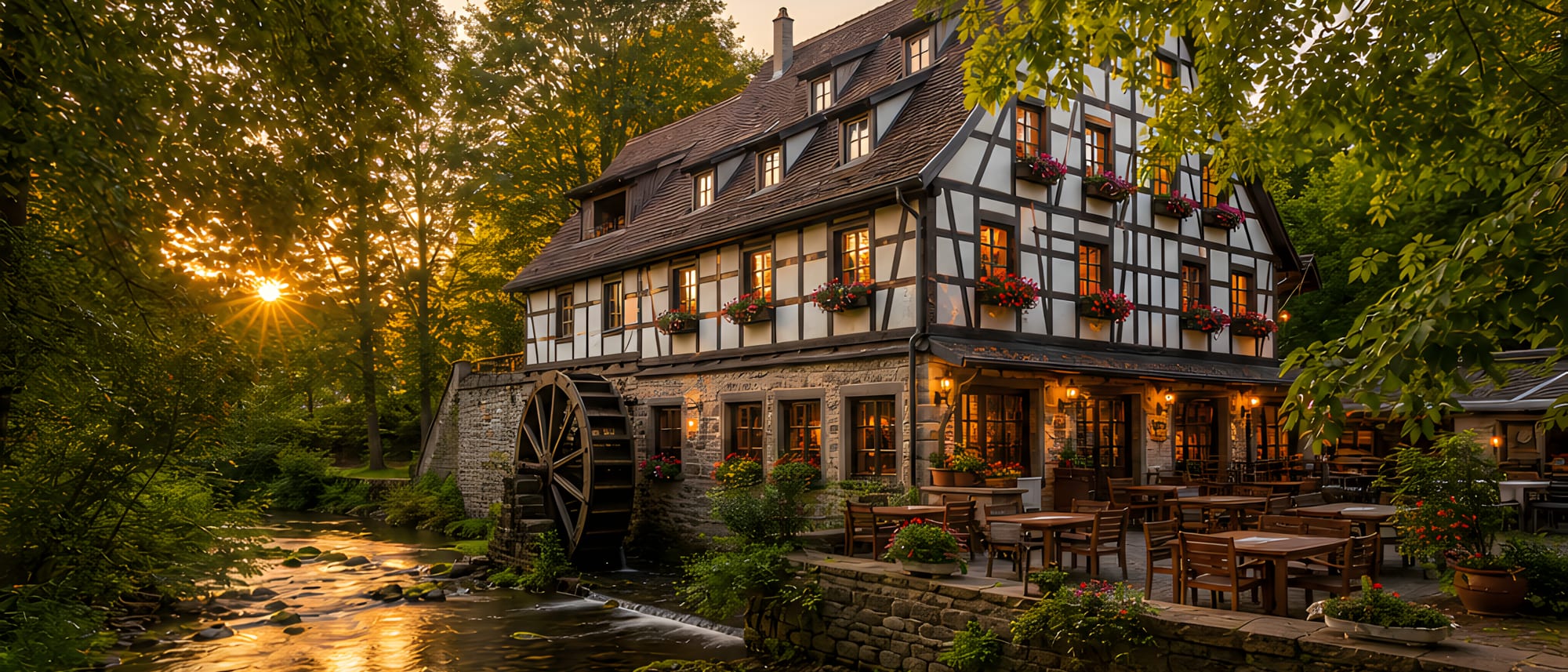 Außenansicht des Restaurants an einem Bachlauf